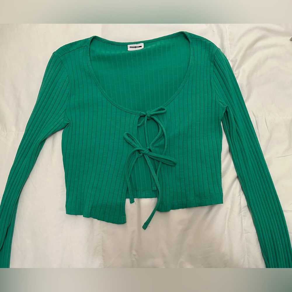 Green Ribbed Tie-Front Top